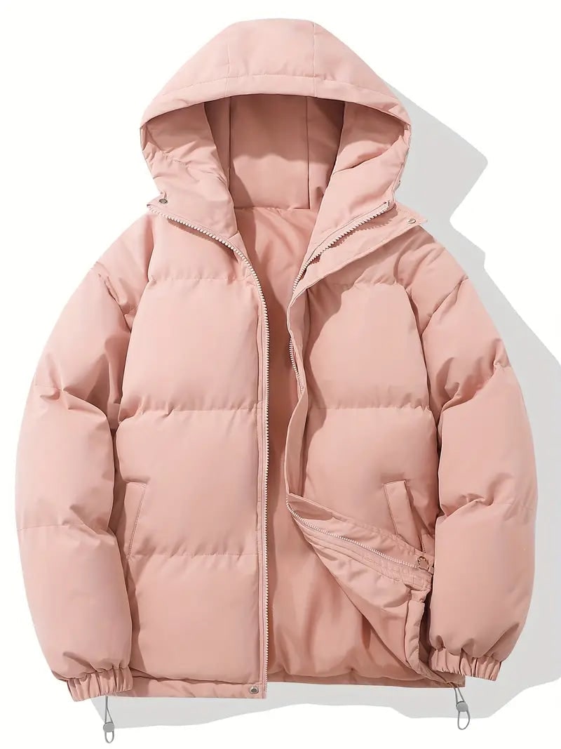 Rosa kurze Pufferjacke mit Kapuze und Kordelzug, Vorderansicht