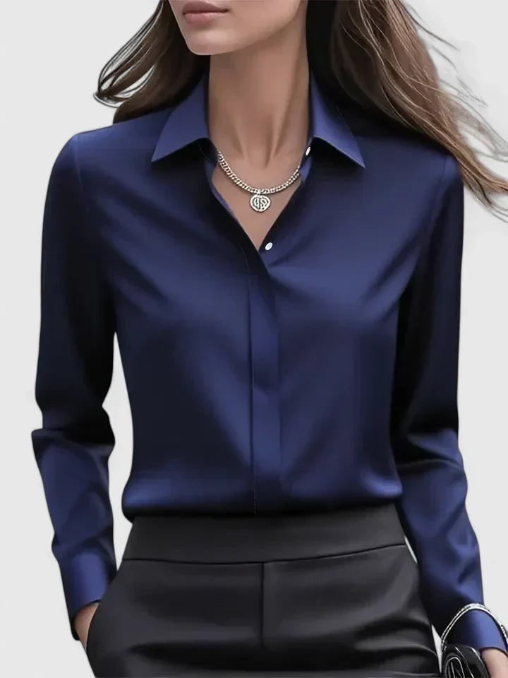 Langarmbluse Damen aus Satin in Marineblau