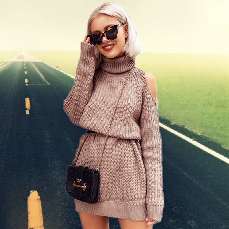Strickkleid mit Rollkragen und Cut-Out Schultern für Damen 3