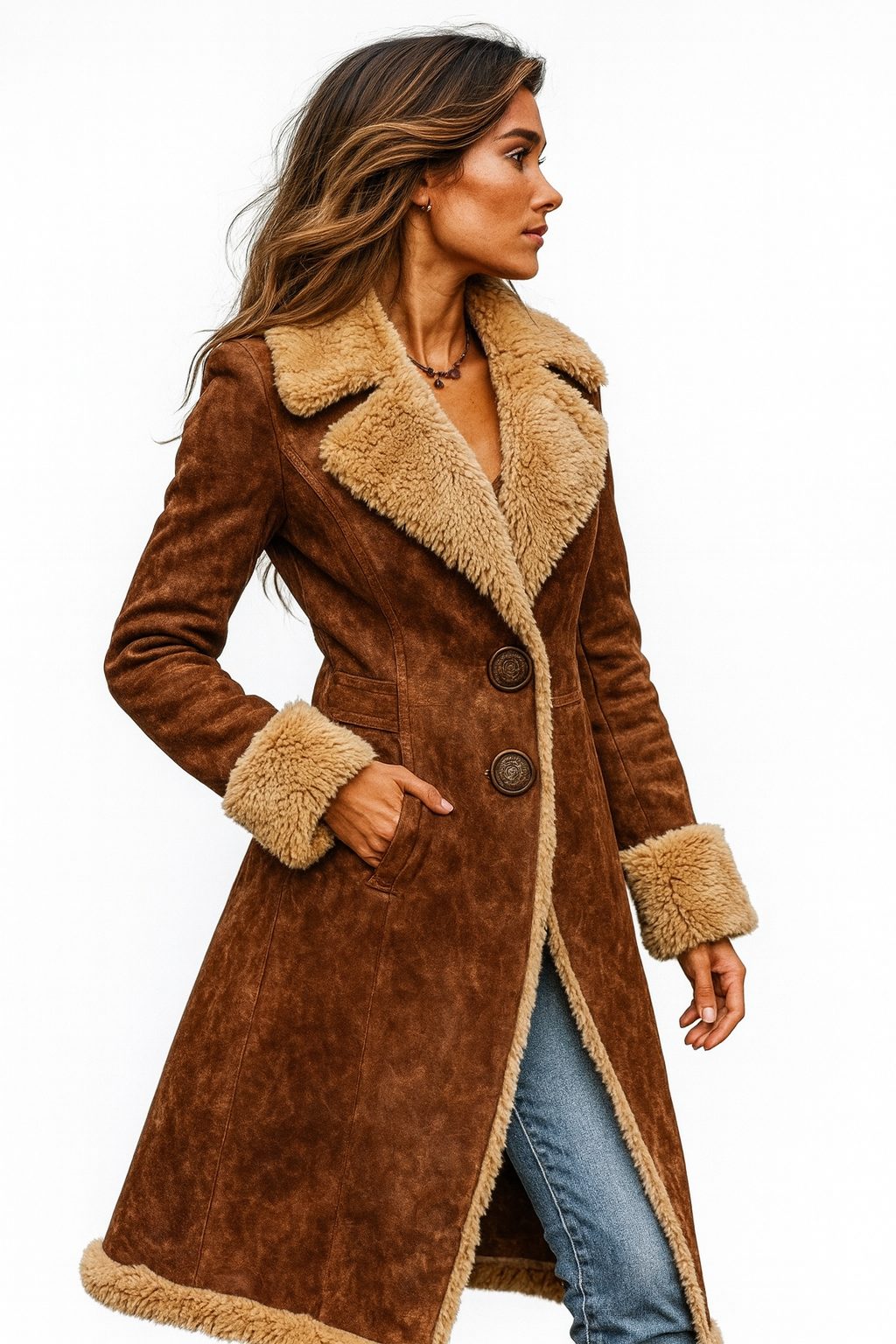 Vintage Mantel Damen in Wildlederoptik mit Teddykragen, lang 3