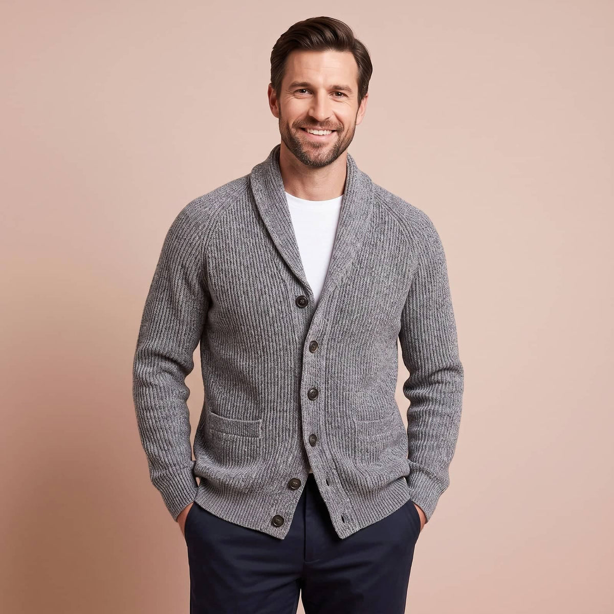 Cardigan Herren mit Schalkragen in Grau, klassischer Strickcardigan