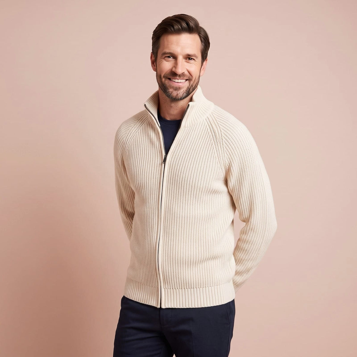 Cardigan mit Reißverschluss Herren in Creme aus Grobstrick