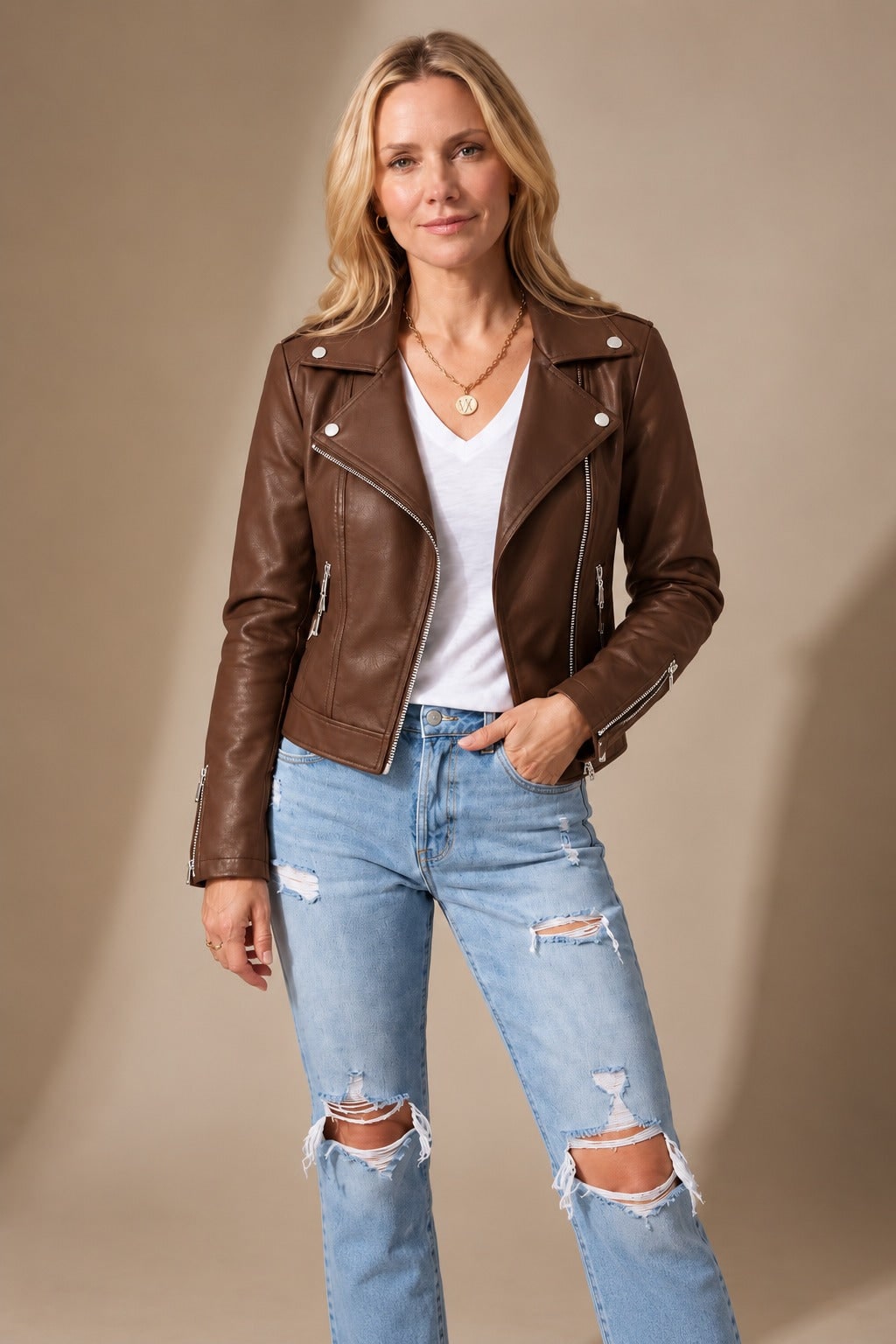 Braune Bikerjacke in Lederoptik 3