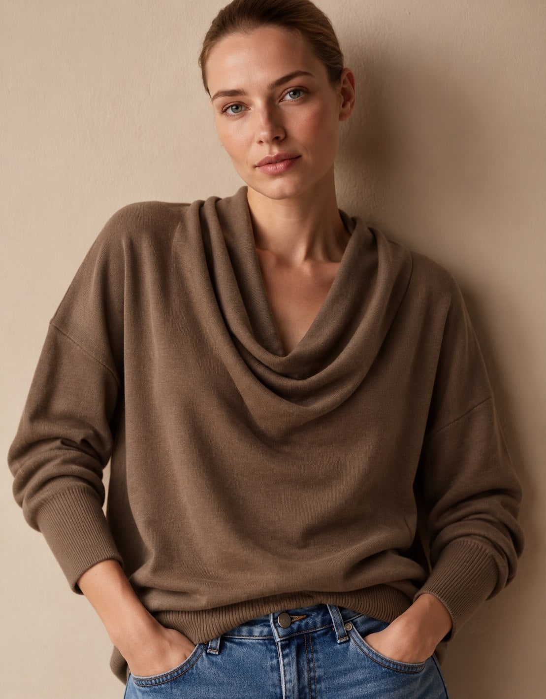 Brauner Strickpullover mit Wasserfallkragen von vorn 2