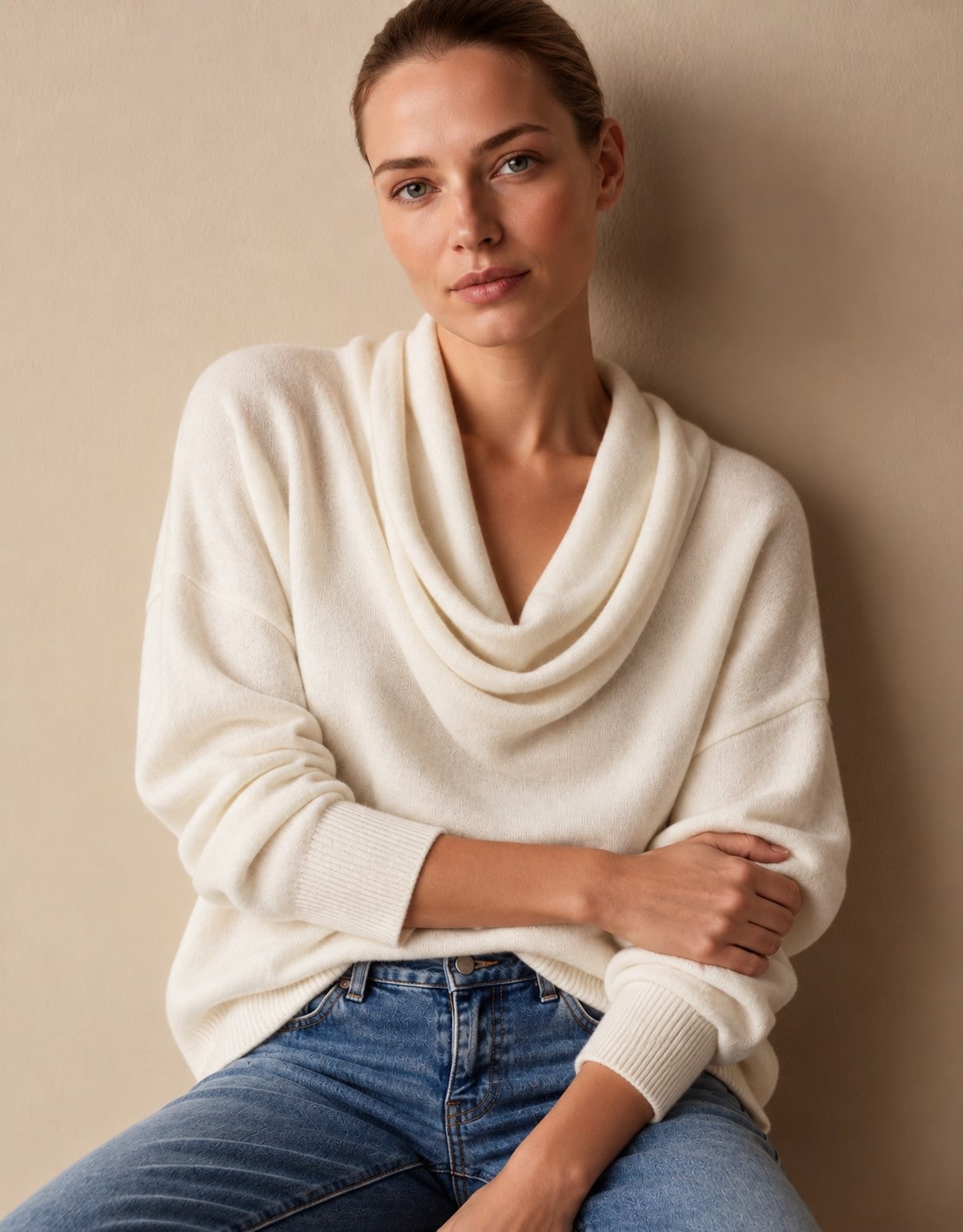Weißer Strickpullover mit Wasserfallkragen 6
