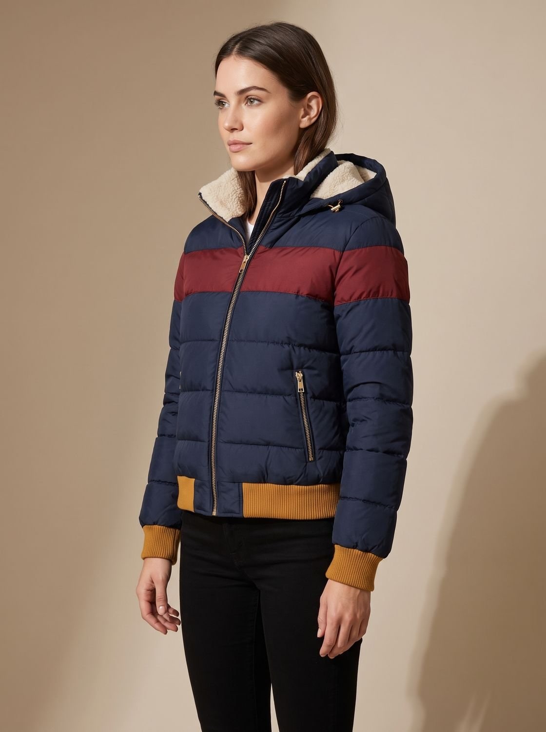 Marineblaue Steppjacke mit Sherpa-Kapuze von der Seite 4