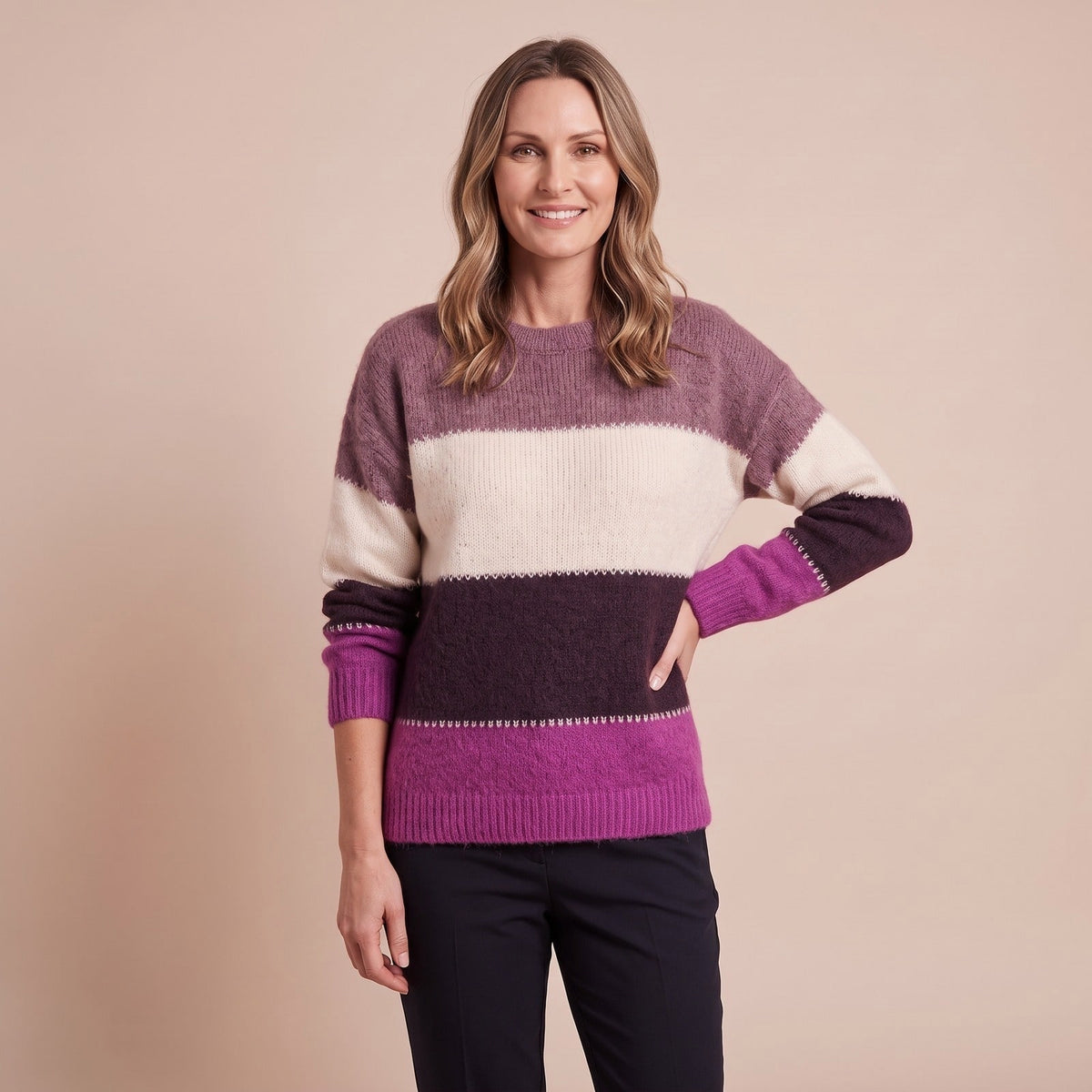Damenpullover mit Colour Block Streifen in Violett