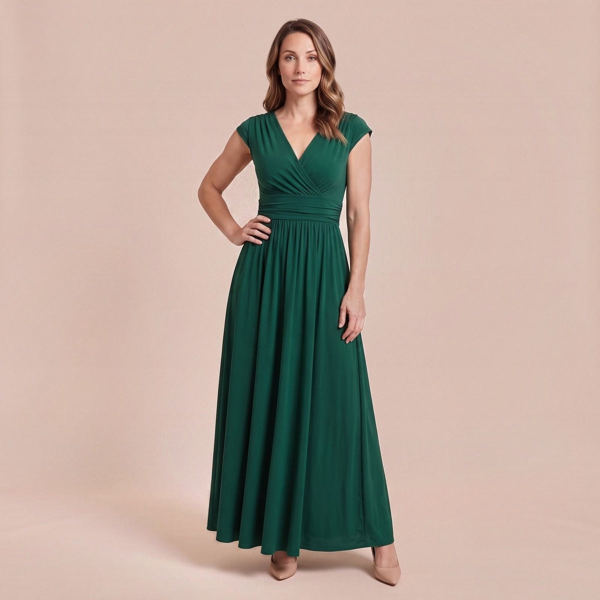 Winterkleid, Elegantes Abend-Maxikleid mit V-Ausschnitt und Raffung