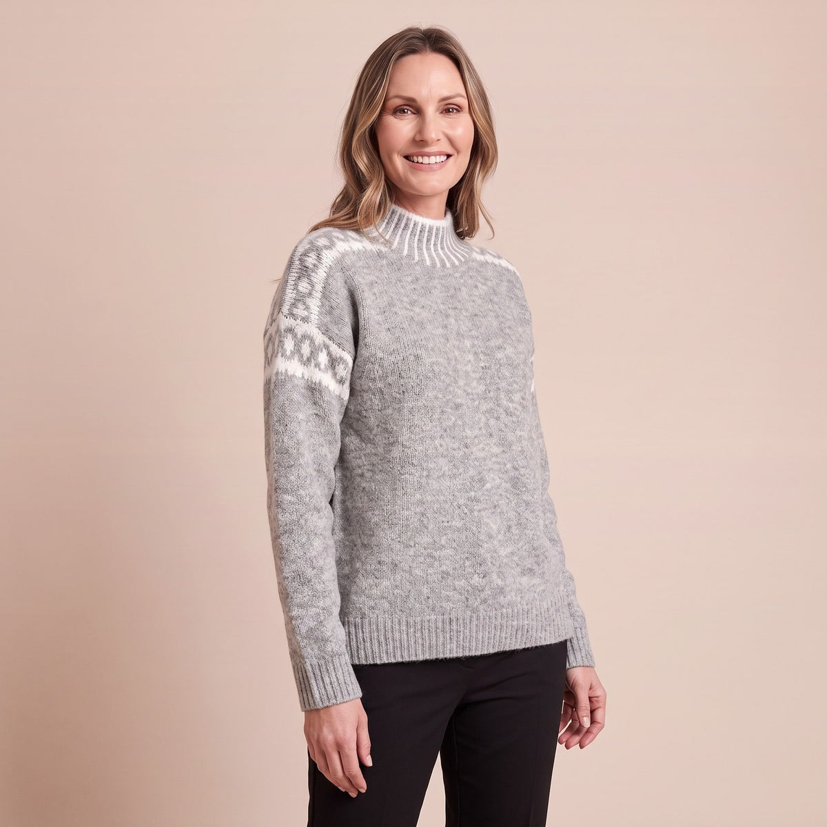 Norweger Pullover Grau, Strickpullover mit Stehkragen 1