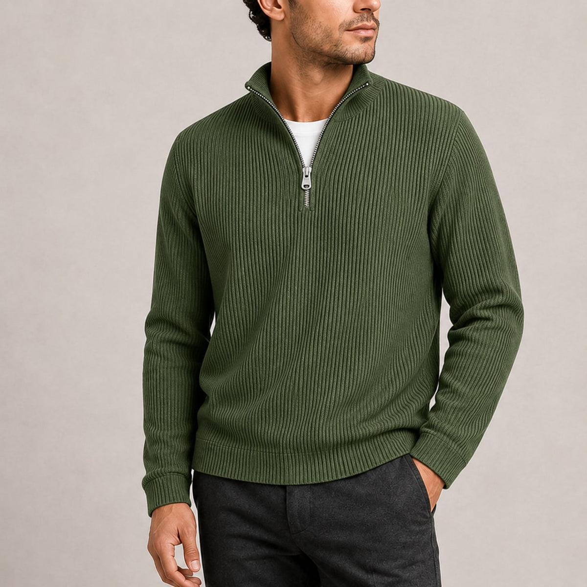 Quarter Zip Pullover Herren in Olivgrün