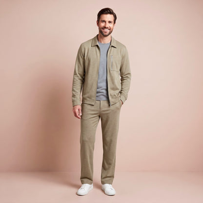 Herren Set mit Jacke und Hose in Khaki mit Hemdkragen