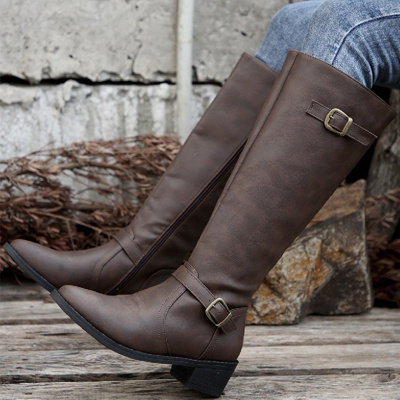 Kniehohe Stiefel in Lederoptik, Winterstiefel mit Schnalle 5