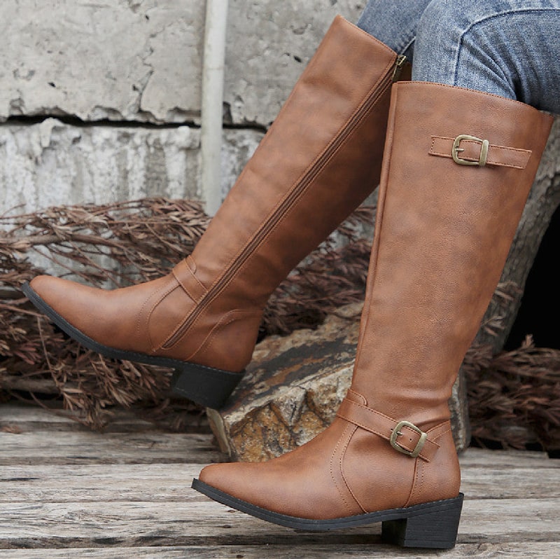 Kniehohe Stiefel in Lederoptik, Winterstiefel mit Schnalle 3