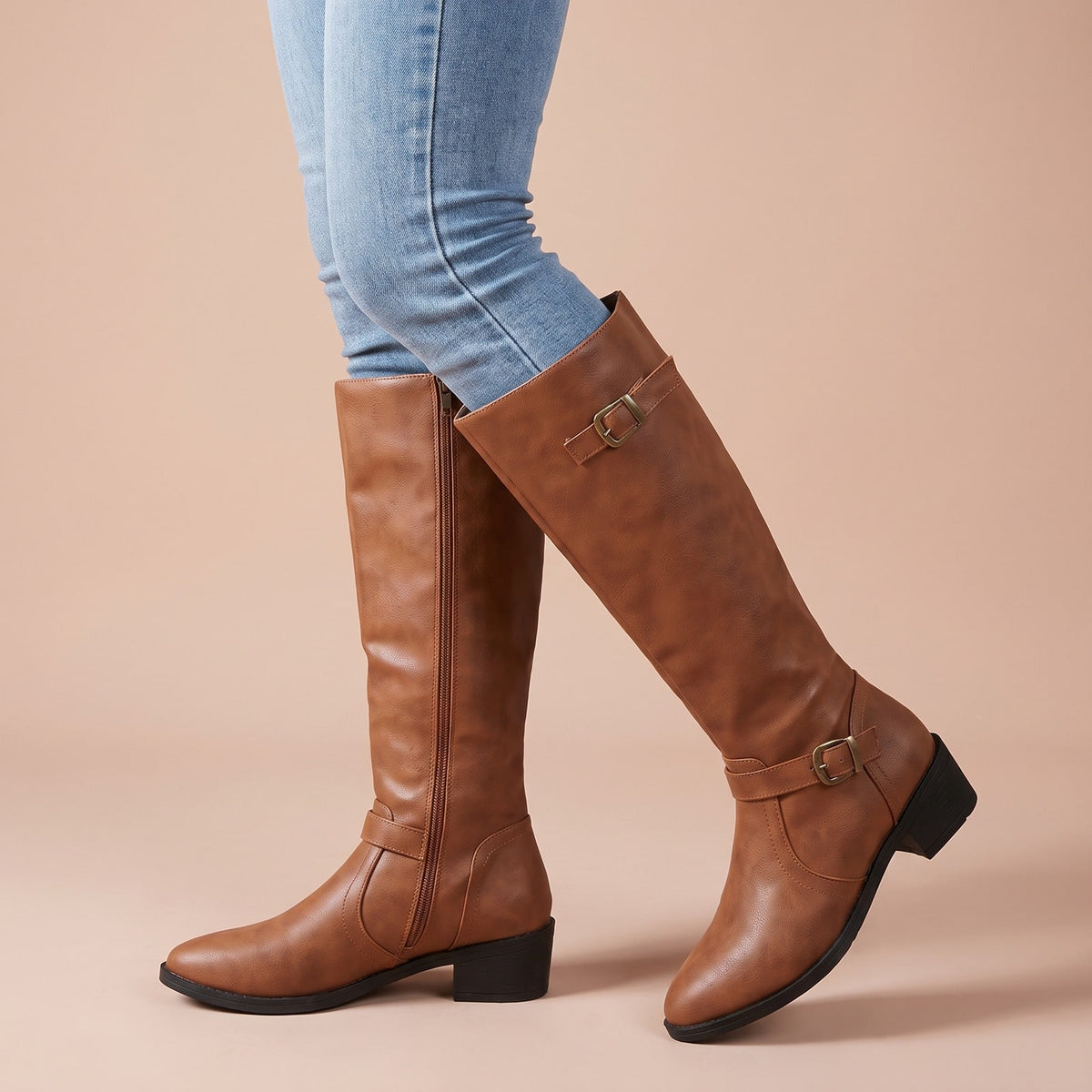 Kniehohe Stiefel in Lederoptik mit Schnallen, Damen Winterstiefel mit Blockabsatz und seitlichem Reißverschluss