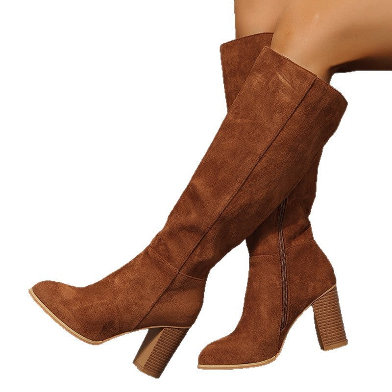 Kniehohe Stiefel in Veloursoptik, Damen Boots mit Blockabsatz 4