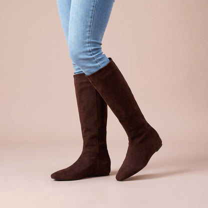 Kniehohe Stiefel mit flacher Sohle, Damen Boots Veloursoptik 1