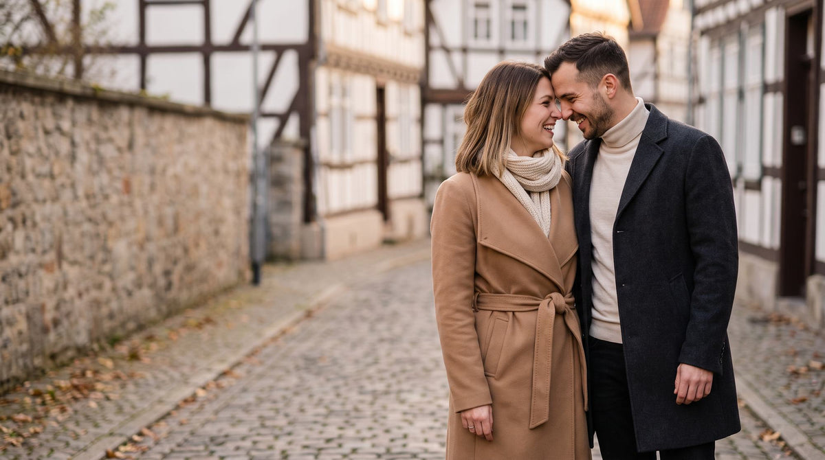 Mann und Frau in Wollmänteln in einer deutschen Altstadt im Herbst