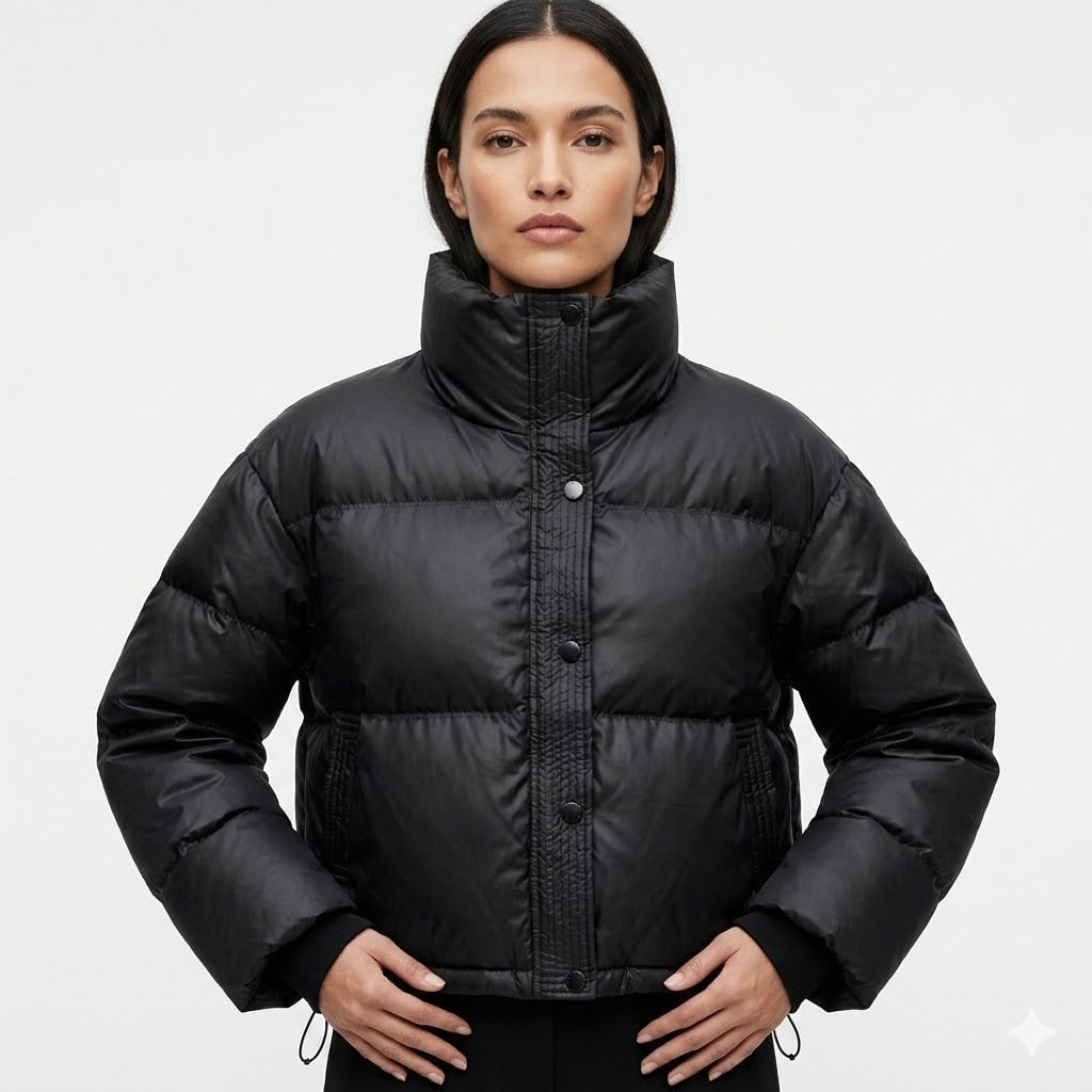 Schwarze kurze Pufferjacke mit hohem Stehkragen am Model