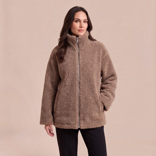Kuschelige Oversize Teddy Fleecejacke mit Reißverschluss