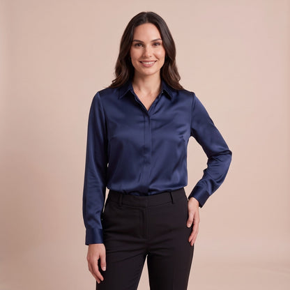 Langarmbluse Damen aus Satin in Marineblau mit Hemdkragen