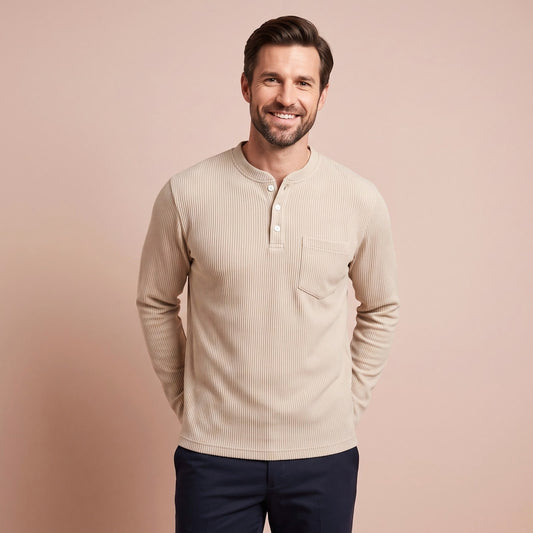 Langarmshirt Herren mit Stehkragen in Beige aus Waffelstrick