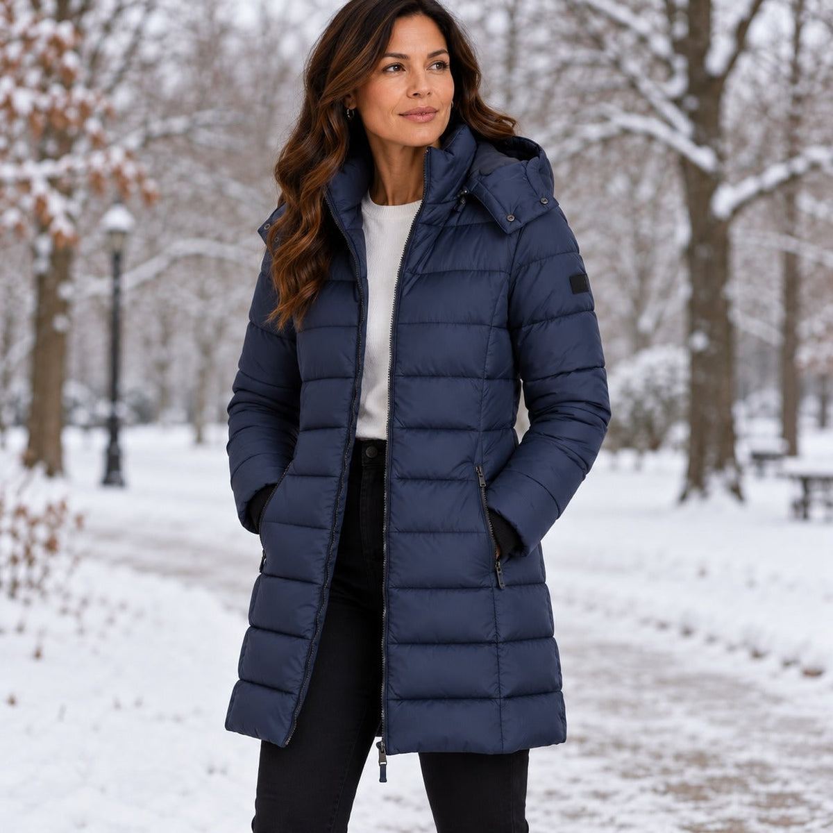 Marineblaue Steppjacke im verschneiten Park 3