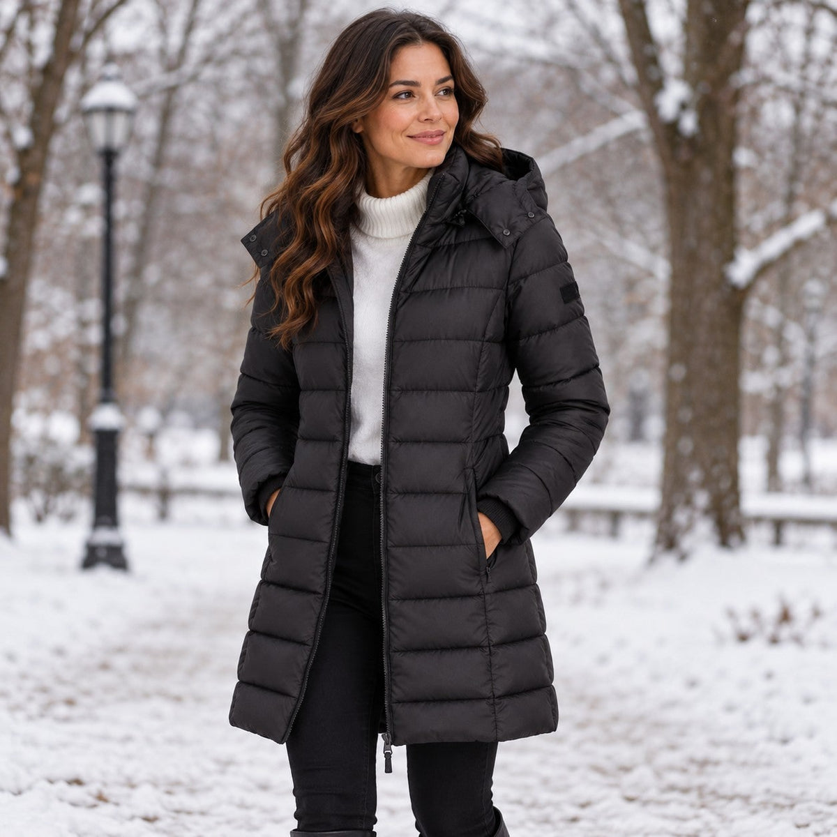 Schwarze Steppjacke im verschneiten Park 8