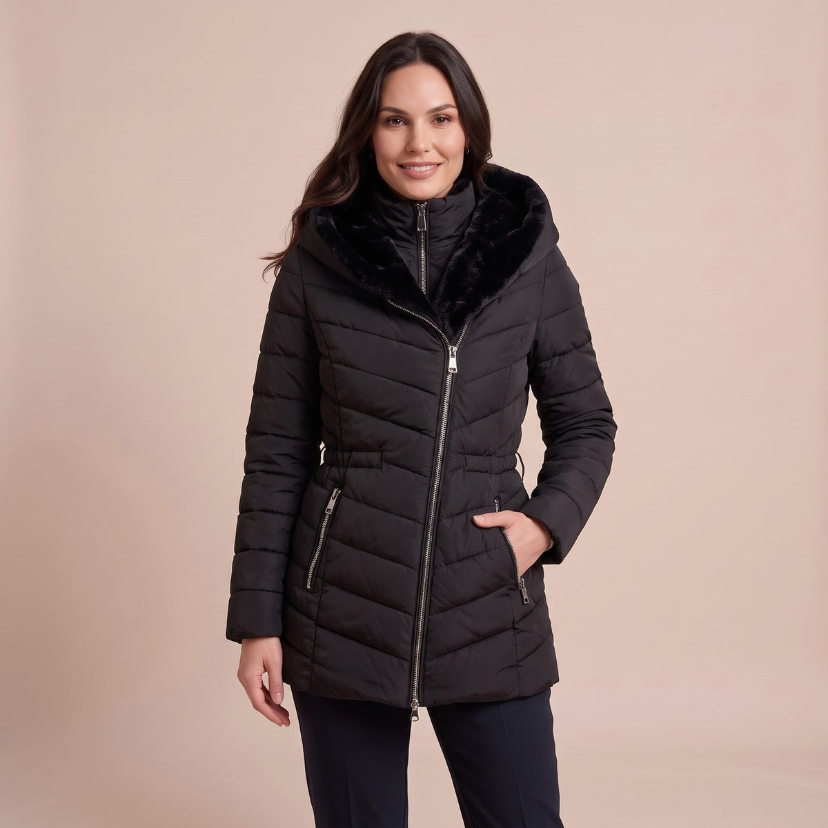 Lange Fleece Steppjacke Damen in Schwarz mit Kapuze