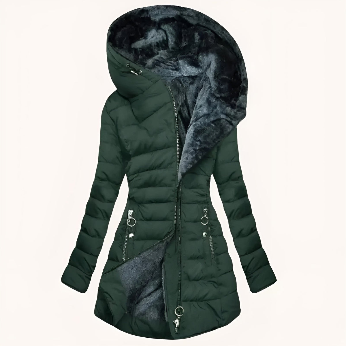 Lange Fleece Steppjacke Damen in Dunkelgrün