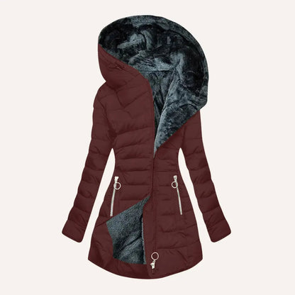 Lange Fleece Steppjacke Damen in Weinrot
