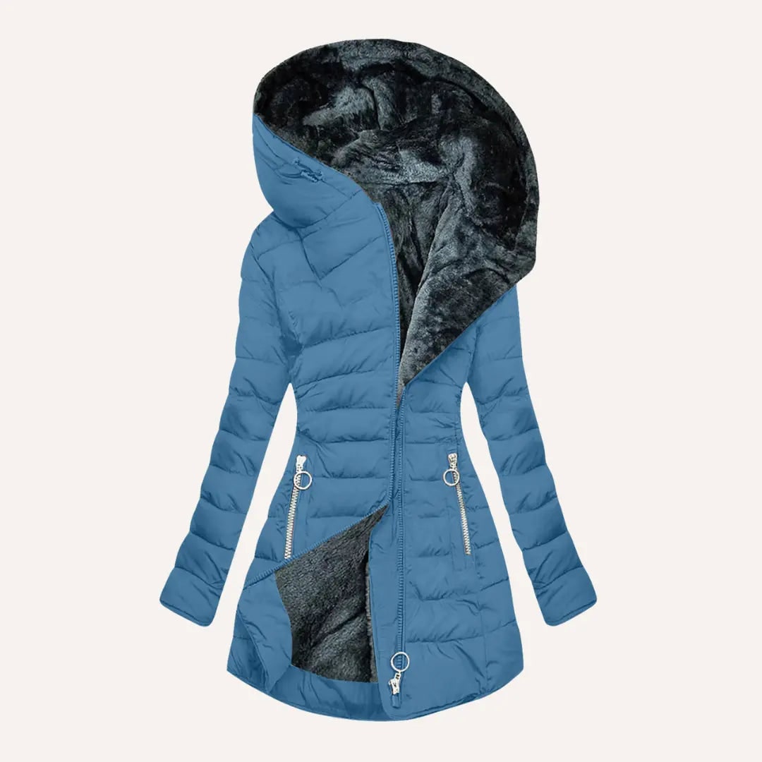 Lange Fleece Steppjacke Damen in Blau