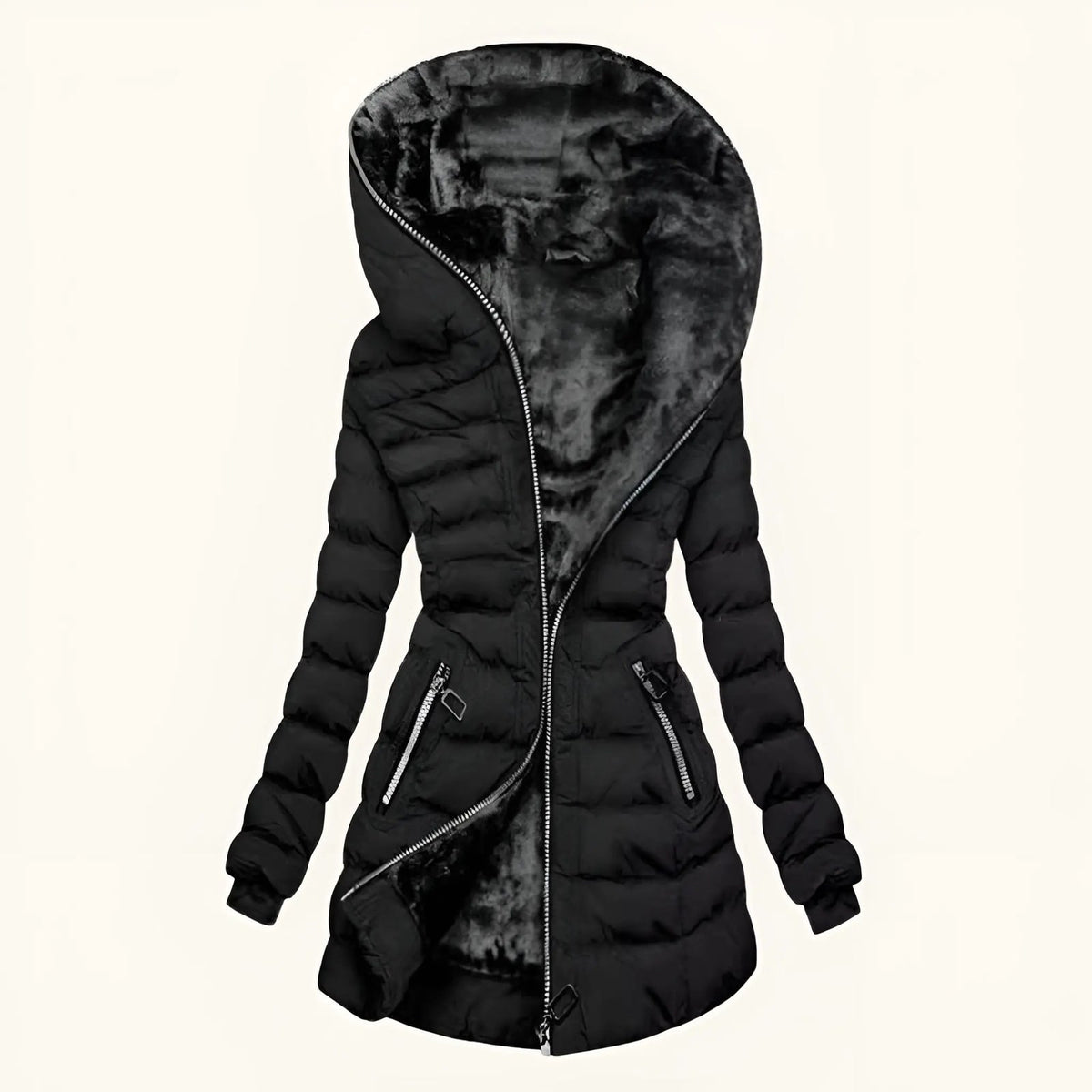 Lange Fleece Steppjacke Damen in Schwarz