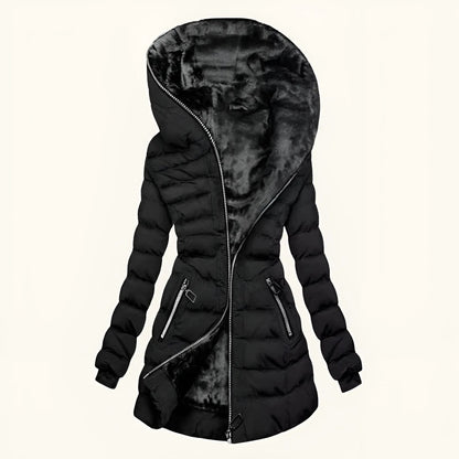 Lange Fleece Steppjacke Damen in Schwarz
