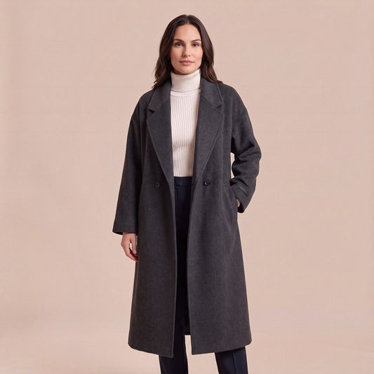Langer Oversize-Wollmantel mit weitem Revers und Doppelknopfleiste