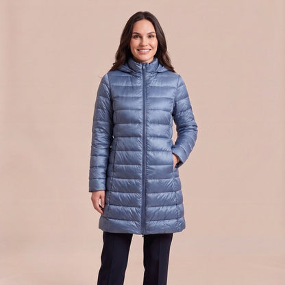 Leichte Daunenjacke mit Kapuze für Damen in Blau, lange Steppjacke in Glanzoptik