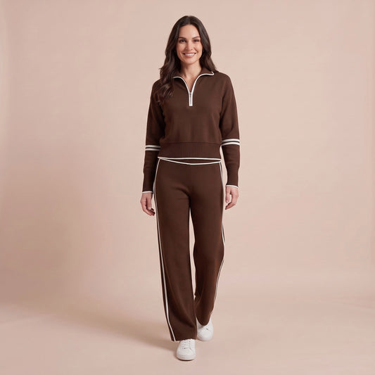 Lounge Set Damen mit Half Zip in Dunkelbraun