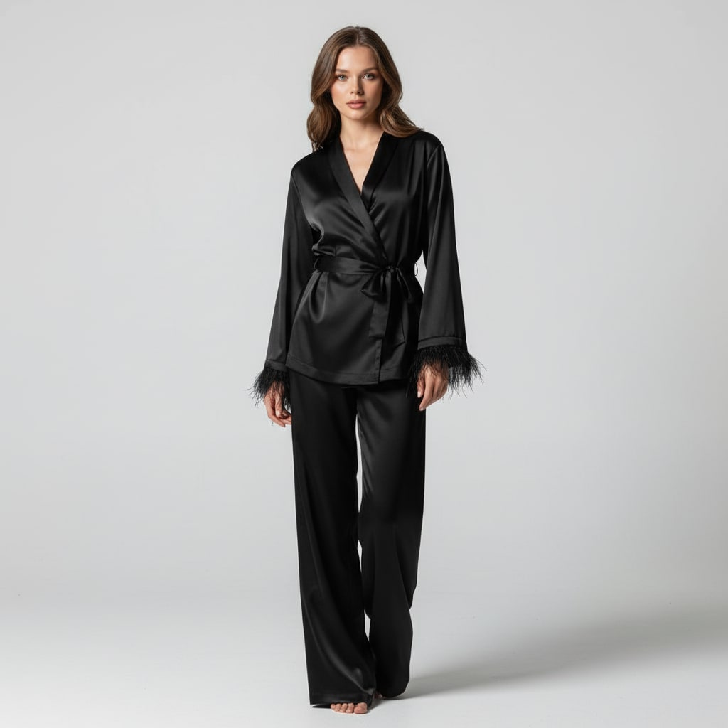 Lounge Set Damen aus Satin in Schwarz
