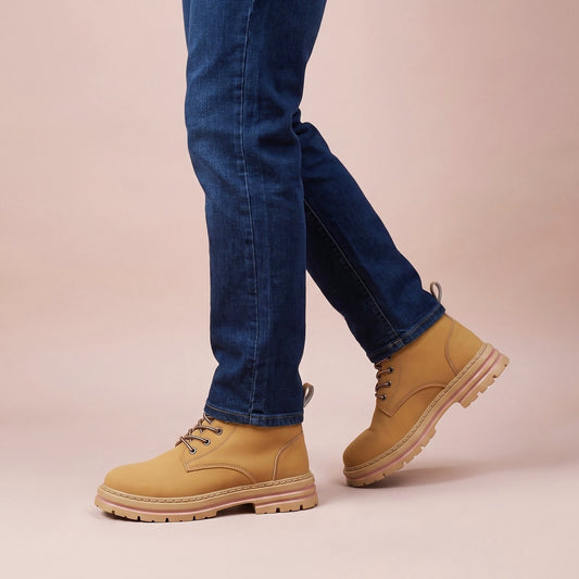 Robuste Winterstiefel für Herren in Camel, getragen zu dunkler Jeans