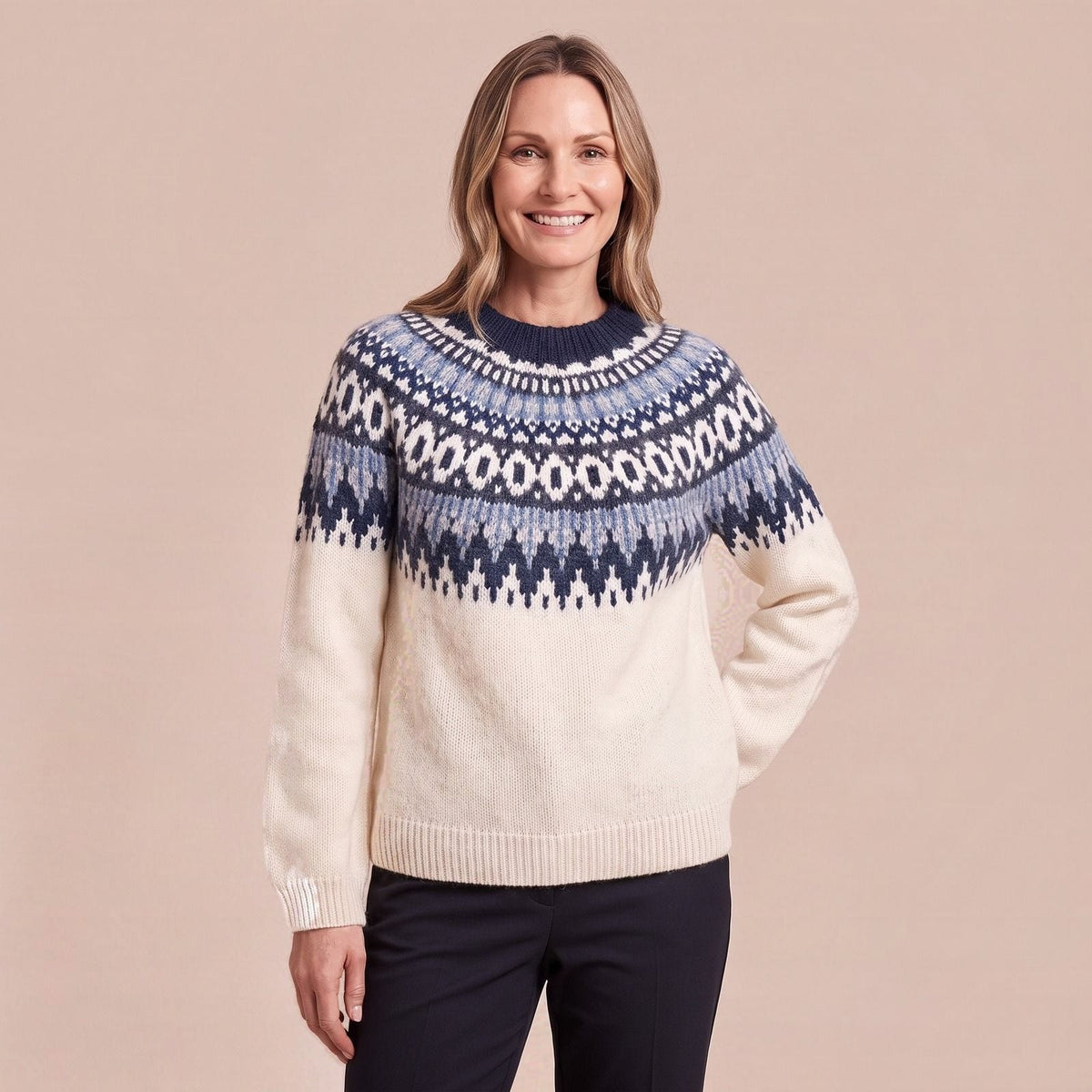 Norweger Pullover für Damen in Cremeweiß, Strickpullover mit gemusterter Rundpasse