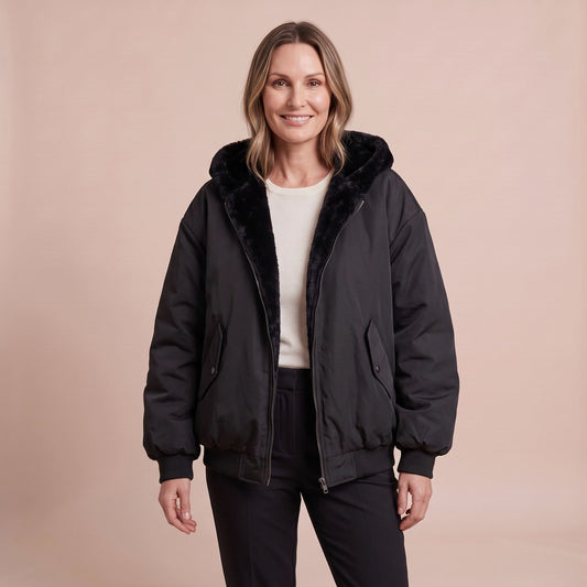 Oversized Fleece Bomberjacke Damen in Schwarz mit Kapuze