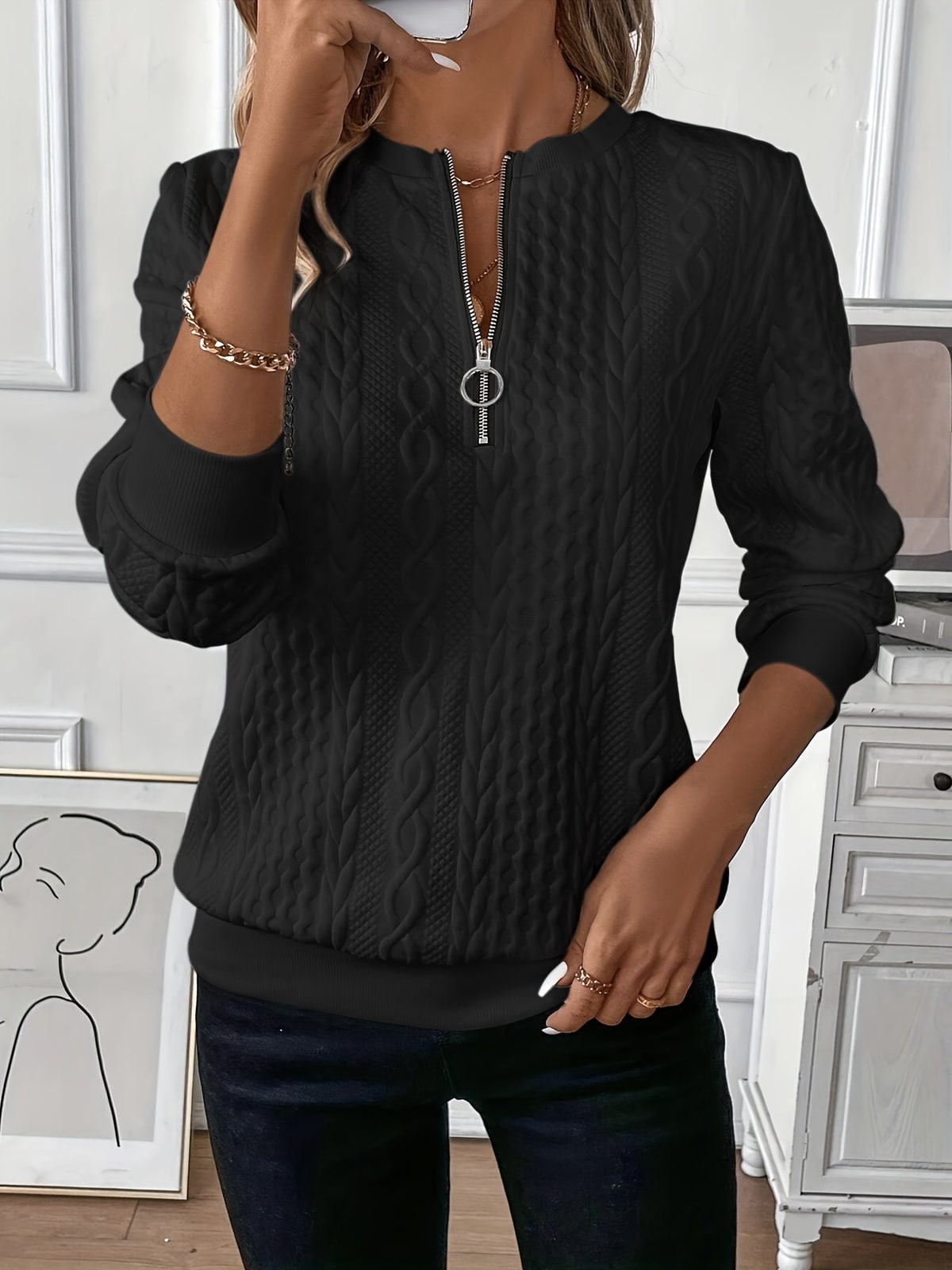 Pullover Damen mit Zopfmuster und Halbreißverschluss 5