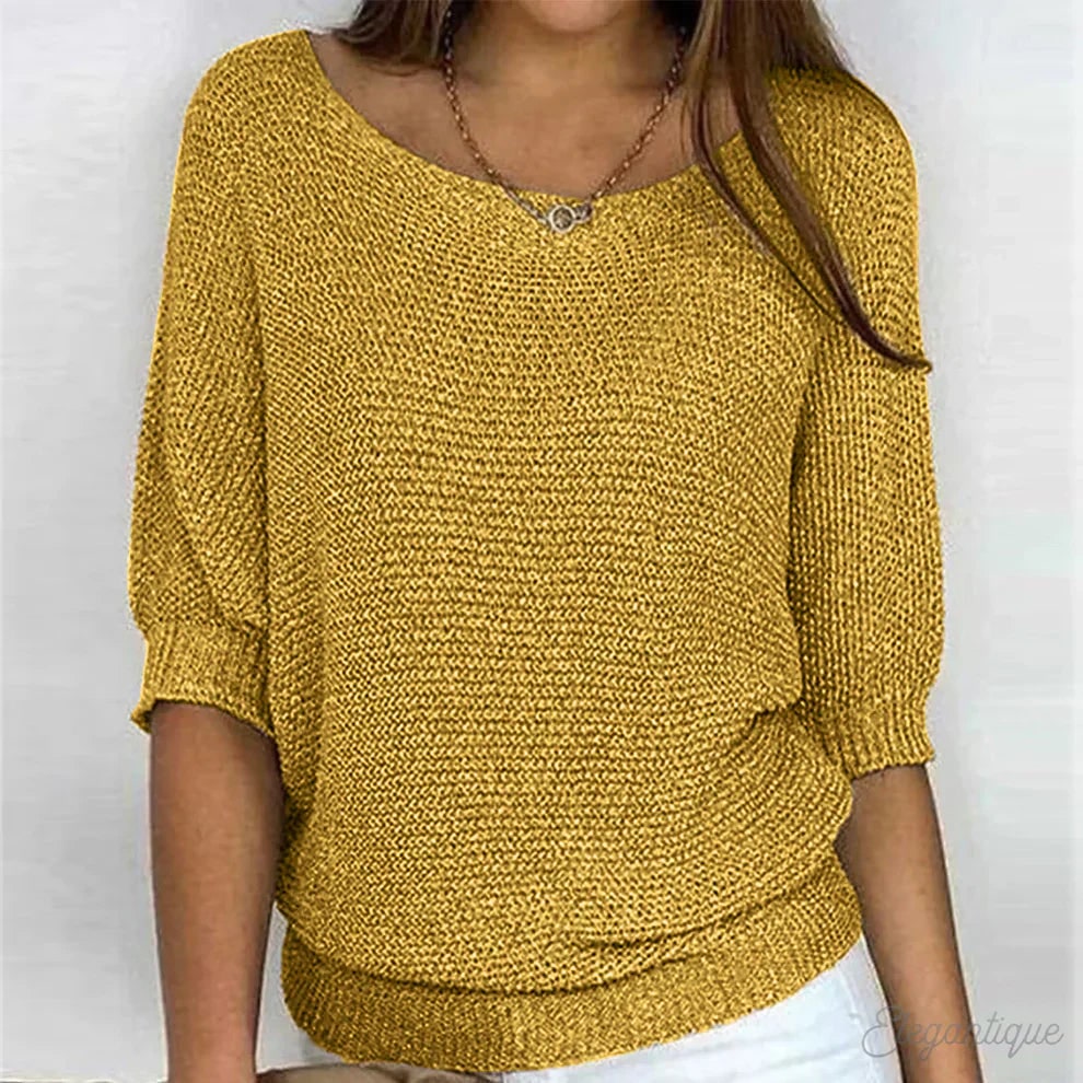 Pullover mit Dreiviertelärmeln in Gelb, getragen von einem Model