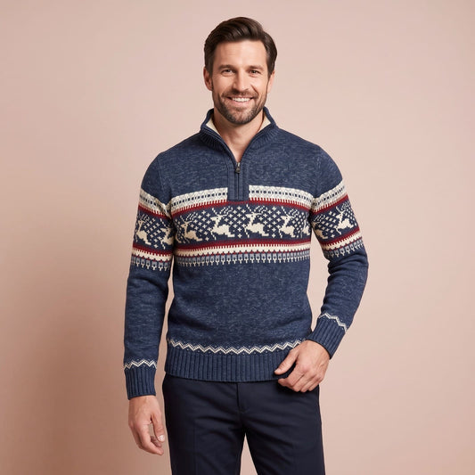 Quarter Zip Troyer Herren in Blau mit Rentier Muster