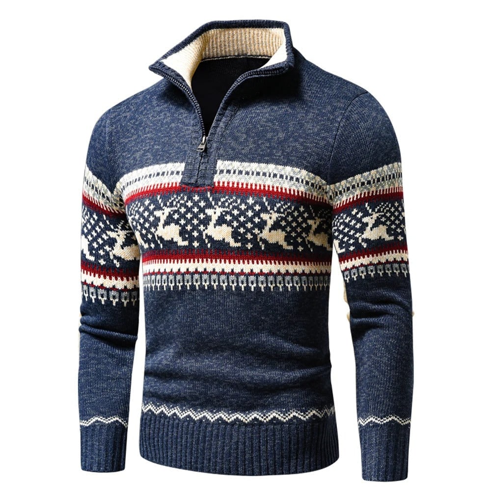 Quarter Zip Troyer Herren in Blau mit Rentier Muster