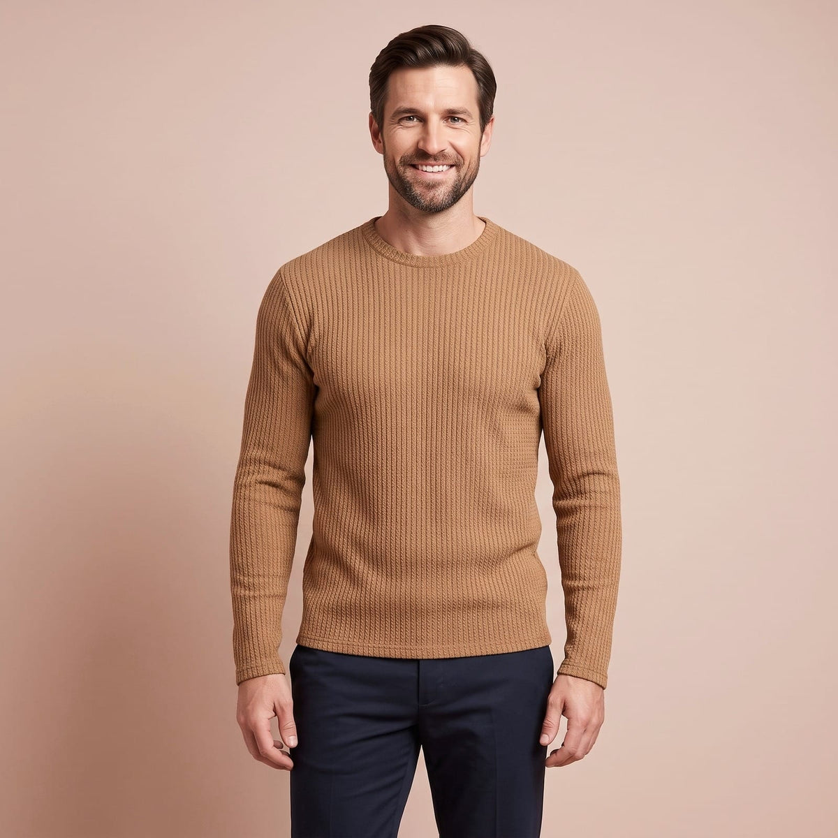 Rippstrick Pullover Herren in Camel mit Rundhals