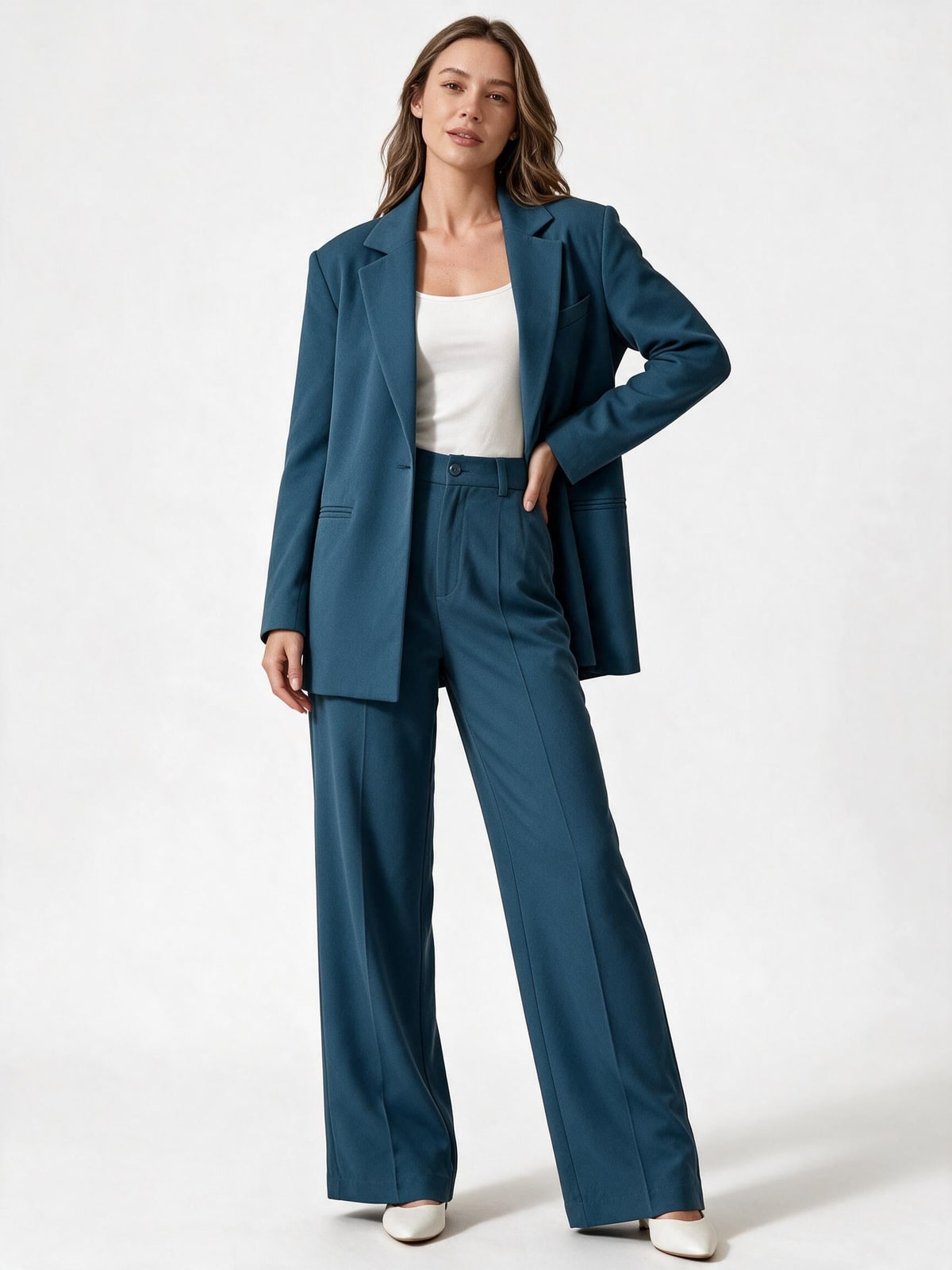Anzug Set Damen elegant mit Oversize-Blazer und weiter Hose 3