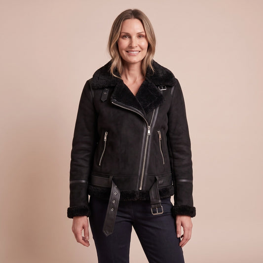 Sherpa Jacke Damen in Schwarz im Biker Stil mit Teddyfutter
