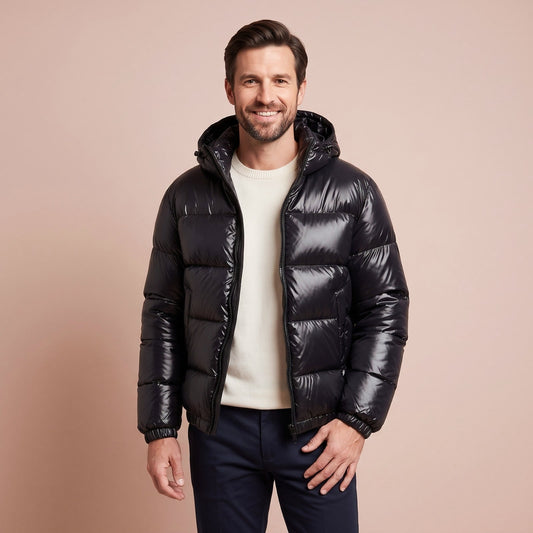 Steppjacke Herren mit Kapuze in Schwarz, glänzende Daunenjacke