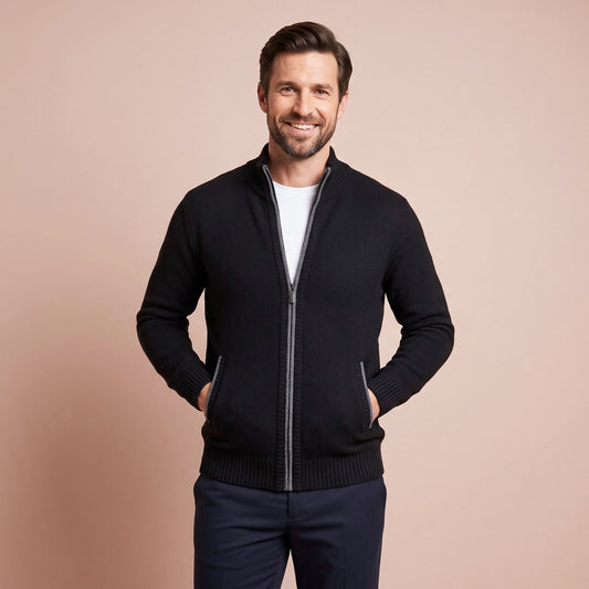 Strickjacke mit Reißverschluss Herren in Schwarz mit Stehkragen