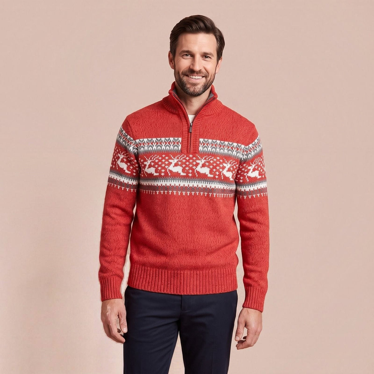 Strickpullover für Herren in Rot, Fair Isle Pullover mit Halbreißverschluss und Rentiermuster